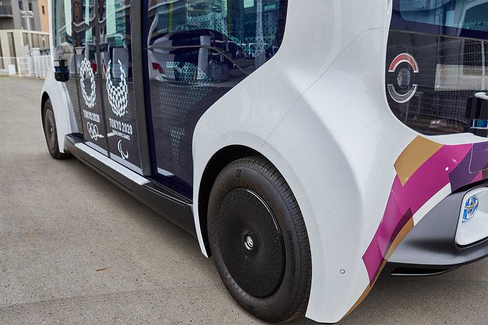 Bridgestone's support includes specially-designed tires for autonomous BEV Toyota e-Palette vehicles in the Olympic and Paralympic Villages.