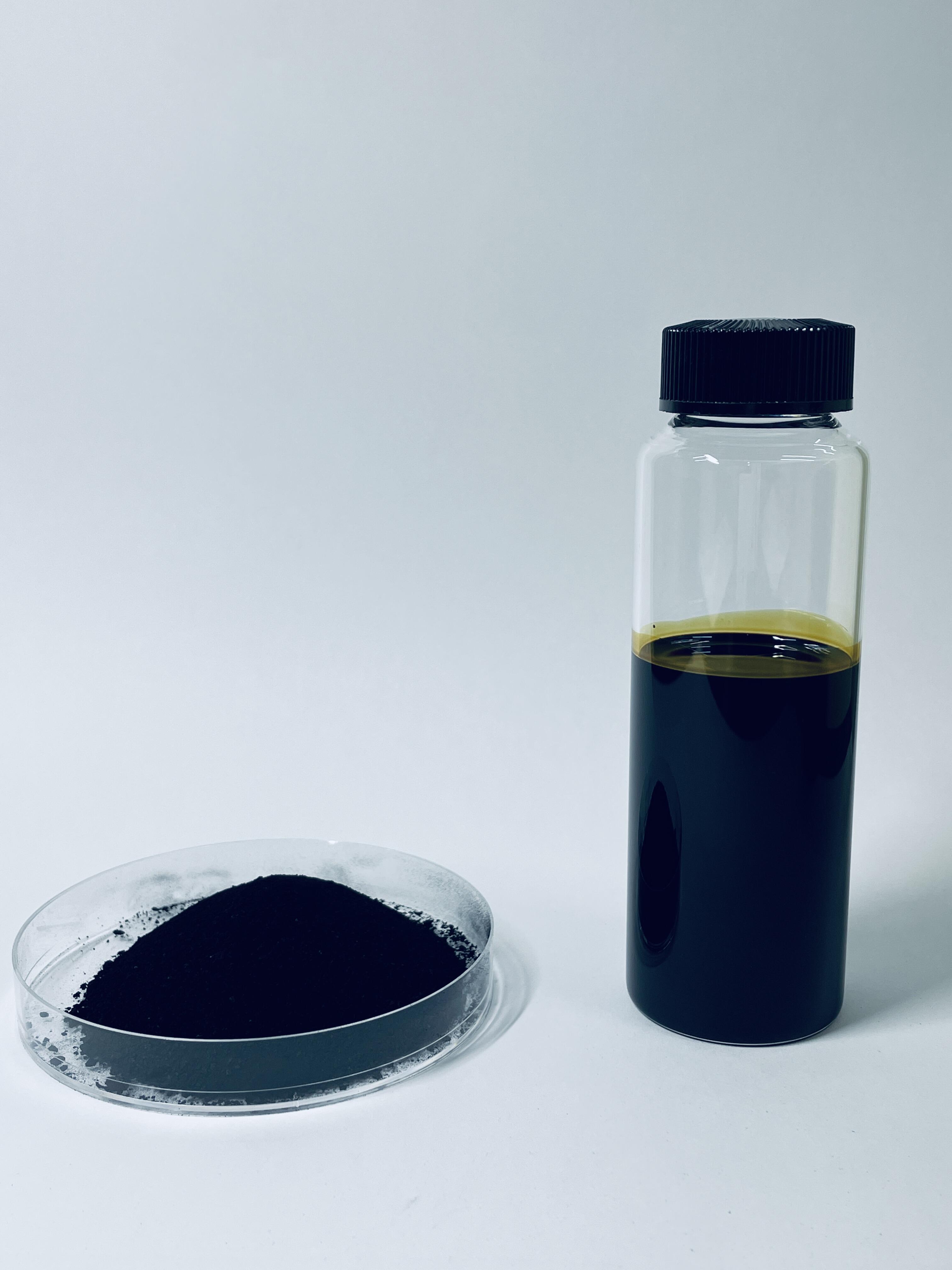 Recovered carbon black (left) and tire derived oil (right)