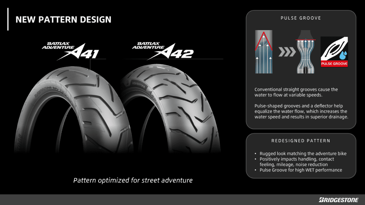 Adventure bike matching PATTERN design with Pulse Groove technology for high WET confidence. Enhances handling, contact feeling, wear life , and quietness in balance.